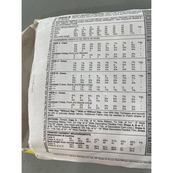 McCalls Costumes Sewing Pattern 3663 Sizes EE 14-16-18-20 Medieval Dresses NEW - Picture 5 of 6